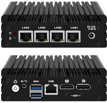 Glovary Firewall Mini PC J3710 Quad Core, 4 x i225V 2.5GbE LAN Fanless OPNsense Appliance, 8GB RAM 128GB SSD, F3 Micro Router Computer Hardware, AES-NI, HD+DP Dual Display, Console, 2USB3.0, SPK/MIC