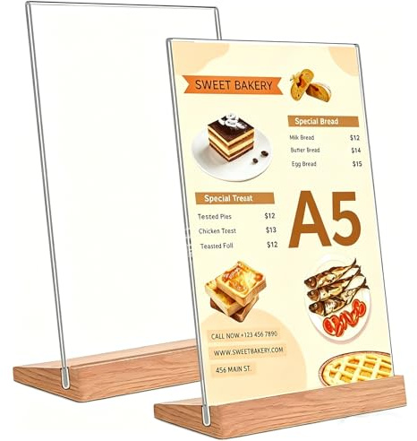 Kisstta Transparenter Acryl Doppelseitige Menükartenhalter, Schräg L aufsteller mit Holzsockel für Restaurants, Hochzeitsparty, Hotel, Cafés (transparent) (2 Stück, A5 21*14.8)