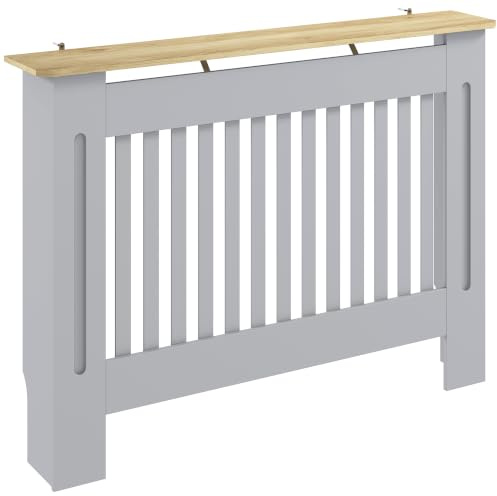 HOMCOM Slatted Radiator Cover Painted Cabinet 112L x 19W x 81H cm Grey | MDF Lined Grill