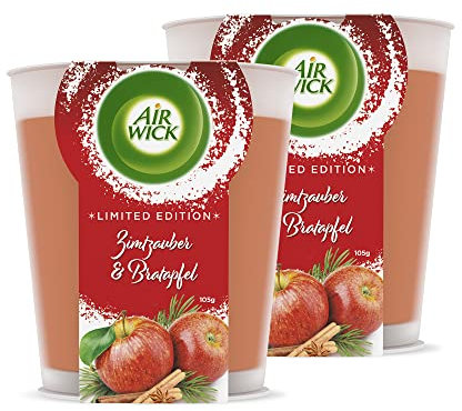 Air Wick Wohlfühl-Duftkerze im Glas – Duft: Zimtzauber und Bratapfel – Je bis zu 20 Stunden Brenndauer – Enthält natürliche ätherische Öle – 2 x 105 g Duftkerze