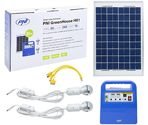 PNI Panel Solar, Sistema de energía Solar portátil, generador de energía Greenhouse H01 30W con batería de 12V / 7Ah, USB/Radio / MP3, 2 Bombillas LED