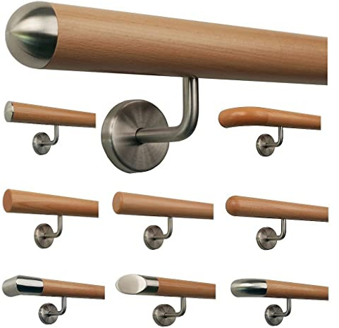 TIBU Corrimano in legno di faggio con manico in acciaio inox, lunghezza 30 – 500 cm in un unico pezzo/variante: 130 cm con 2 supporti tappo semicircolare