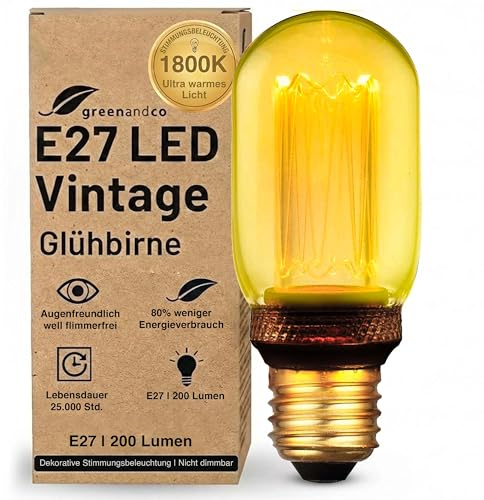 greenandco Lampadina Vintage Edison LED | E27 T45 | ambra | 4W 200lm | 1800K luce extra calda | 320° | 230V | nessun sfarfallio | non dimmerabile