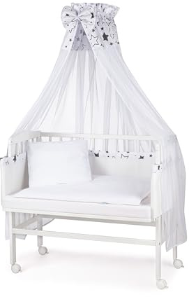 waldin Baby Beistellbett mit Matratze und Stoffen, Höhen-verstellbar, Große Liegefläche 90x55cm, Weiß Lackiert, Weiß/SterneMix