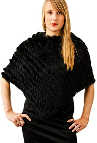 KAISHIN gestrickte echte Pelz-Schals f¨¹r Frauen beil?ufige bunte Ponchos-Damen-Kaninchen-Pelz-Stolen Schwarz