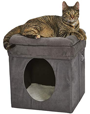 New World Cat Cube - Cubo para gatos de 39,4 x 39,4 x 42 cm, escondite plegable para gatos con juguete, parte superior reforzada, gamuza gris sintética, ropa de cama de piel de oveja sintética