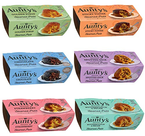 Aunty's Lot de 6 puddings cuits à la vapeur mixte (1x Sirop doré, 1x Sticky Toffee, 1x Chocolat, 1x Spotted Dick, 1x Fraise, 1x Caramel au beurre et noix de pécan)