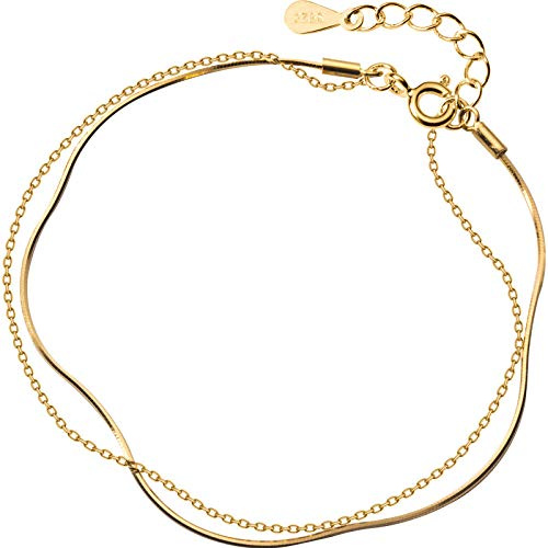 925 Sterling Silber Armband,Elegant Charm Adjustable Bracelet Japanische Und Koreanische Art Schlangenknochen Doppelschicht Armreif Mit Goldener Kette Für Frauen Mädchen Jubiläum Geburtstag Schmuc