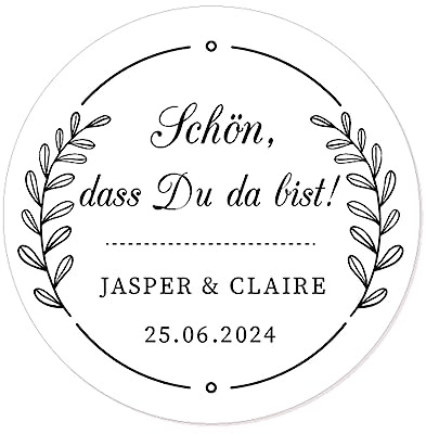 48 Stück personalisiert Blumenkranz Hochzeitssticker - Schön, dass Du da bist! Aufkleber - 4 cm Runde Papieraufkleber Etiketten für Hochzeit,Gastgeschenk,Tischdeko,Flaschen,Tüten - Rd 108-009