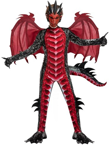 Spooktacular Creations Drakdräkt för barn, pojkar, svart blå eller svart röd, drakvingar, svans och mask, set för halloweenfester, utklädning, cosplay