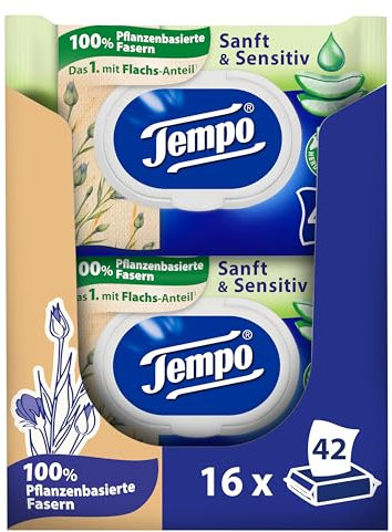Tempo Feuchte Toilettentücher Sanft & Sensitiv - Megapack - 16 Packungen mit je 42 Tüchern - mit natürlicher Aloe Vera - feuchtes Toilettenpapier, dermatologisch getestet und pH-hautneutral