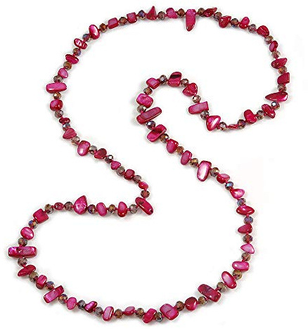 Avalaya Statement Long Magenta Shell Nugget and Plum Glass Crystal Bead Necklace/110cm L
