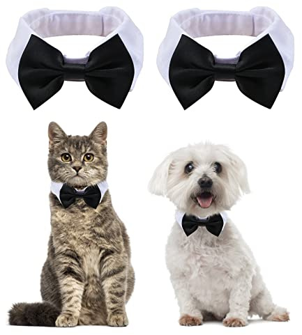 HACRAHO Formelles Haustier-Fliegenhalsband, 2 Stück, weiß-schwarz, formelle Fliege, Haustierkostüm, Halsband mit Fliege für kleine Hunde, Katzen, Welpen, Hochzeit, Geburtstag, Party, S