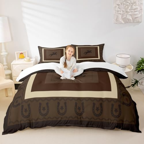 Horse Silhouette Duvet Cover Set Queen,Western Horse Riding Sport Bedding Set 3pcs for Kids Teens Adults Room Decor,Geometric Lattice Comforter Cover Brown Vintage Quilt Cover with 2 Pillowcases