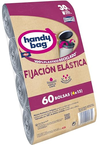 Handy Bag Bolsas de Basura Fijación Elástica, 100% Reciclado, Extra Resistentes, Antigoteo, Autocierre, 30L, 60 Bolsas, 1 Paquete de 4 rollos