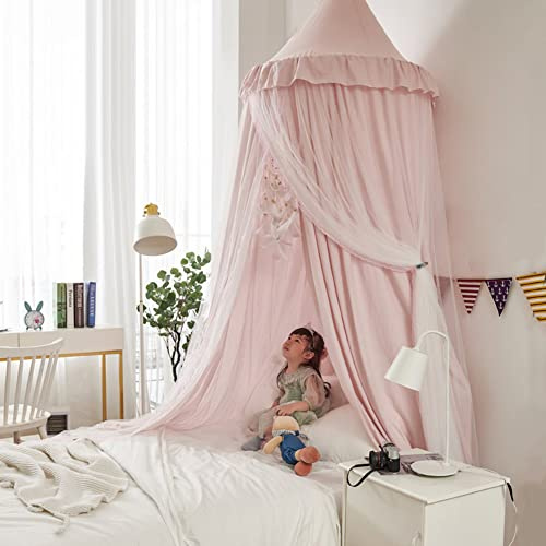 Ricemru Doppellagig Baldachin Babybett Mädchen Groß Hell Rosa Baumwolle Betthimmel Kinderbett Rund Hängendes Kuppel Moskitonnetz Spielzelte Bett Deko for Kinder Baby