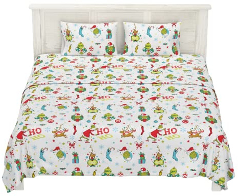 Grinch by Dr. Seuss Holiday & Christmas Bedding Super Soft 100% Cotton Flannel Sheet Set, King Size, (Officially Licensed Product) By Franco