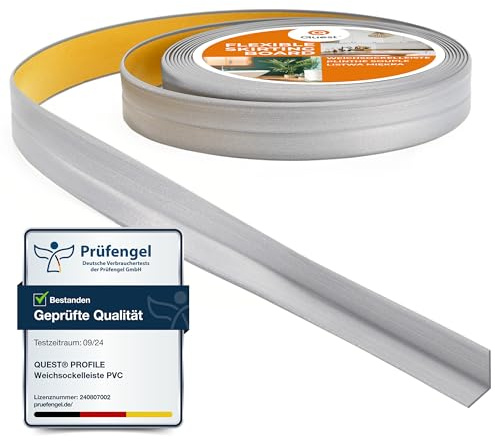 Quest Weichsockelleiste PVC 10x10 mm selbstklebend - Silber, 5 m | Flexible Knickleiste & Abschlussleiste, dichtet Fugen an Wanne, Küche & Bad, abriebfest & UV-beständig, leicht zu reinigen