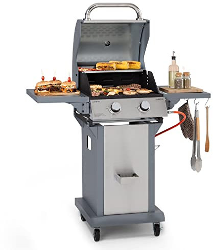 Klarstein 2-Brenner Edelstahl Gasgrill mit 7200W Leistung, Thermometer & Bodenrollen, Propan-Butan BBQ Grill für Camping, Balkon & Garten – Inkl. Grillabdeckung