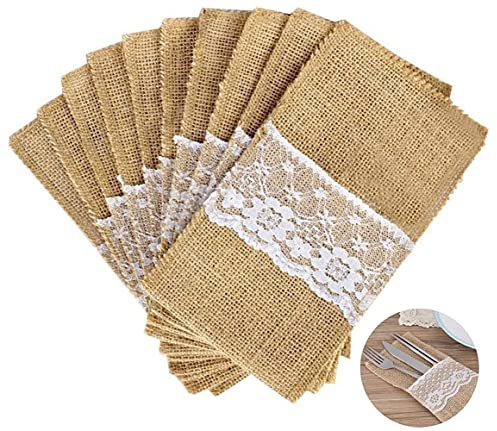 CHUANGOU 10 Stück Besteck Sackleinen Jute，Gabeln Geschirr Tasche，für Messer und Gabeln, Weihnachten Hochzeit Geburtstag Party.