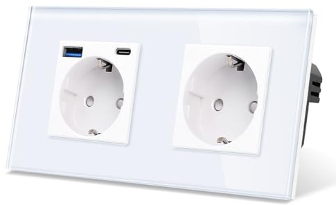 CNBINGO Steckdose mit 1x USB-C/A, 20W Schnellladen, 2-Fach Weiß Glas | Schuko Steckdose Unterputz mit USB-Schnellladung, Wandsteckdose mit Kindersicherung, Horizontal oder Vertikal, Glasrahmen