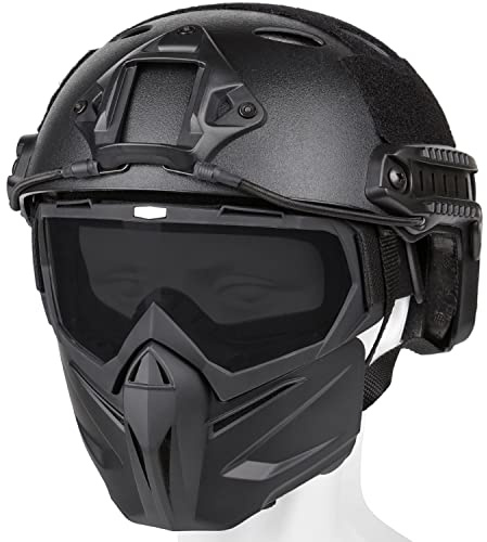 VPZenar Casco y máscara de Airsoft, Casco Paintball PJ Fast Negro con Soporte Frontal NVG y riel Lateral, máscara de Airsoft de Cara Completa con Gafas Grises antivaho Desmontables, Equipo táctico