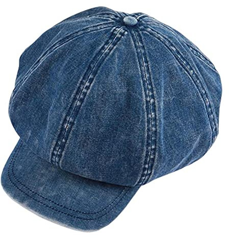 Oshhni Ballonmütze aus Denim, Baumwolle, für Damen, Mädchen, Visor, Baskenmütze, Vintage, weiche 8-Panel-Cabbie-Mütze, achteckiger Hut , Blau