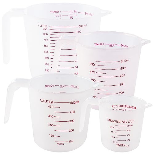 ZOENHOU Set di 4 brocche dosatrici in plastica, 250 ml, 500 ml, 600 ml, 1000 ml, misurini in plastica con misure e manici, tazze dosatrici per cucinare e cuocere