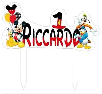 Cake Topper con nome Personalizzato in plexiglass decorazione per torta personaggio a scelta personalizzabile per festa a tema compleanno bambini ragazzi (Topolino)