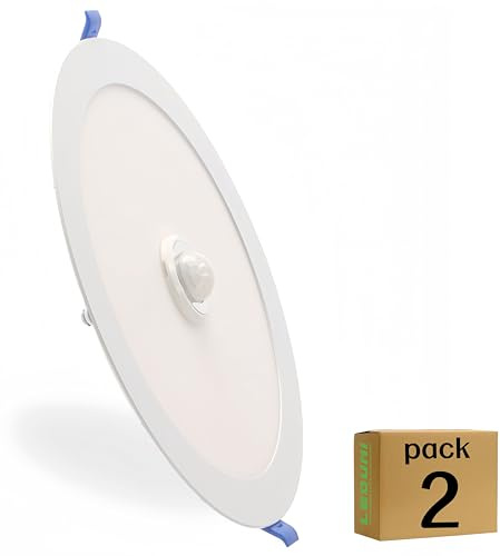 LEDUNI Downlight Circular LED Techo con Sensor de Movimiento 18W Panel Redondo Empotrable con Detector de Presencia 218X43H mm corte 205 mm (Pack 2X, Luz Blanco Fria 6000K)