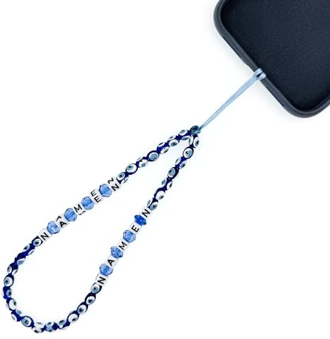 Handykette mit Wunschnamen aus Perlen Handyschlaufe Umhängeband Handyanhänger Handy Schmuck Perlenkette Handy Charm Nazar Türkische Auge Blau Personalisiert Unisex