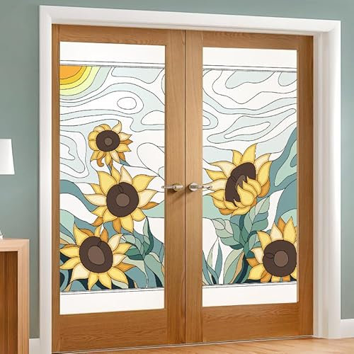 Fensterfolie Grüne Gelbe Sonnenblumen Fensterfolie Blickdicht Anti-UV Sichtschutzfolie Fenster Milchglasfolie Zuhause Büro Folie Fenster Sichtschutz Window Film 2 Stück/80x200cm