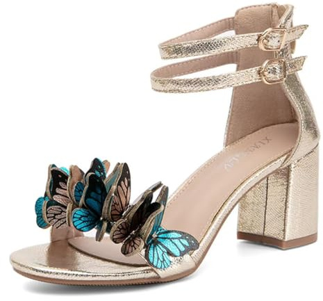 JOEupin Sandalias de tacón de mariposa para mujer, puntera abierta, correa al tobillo, tacones de bloque, zapatos de vestir de verano