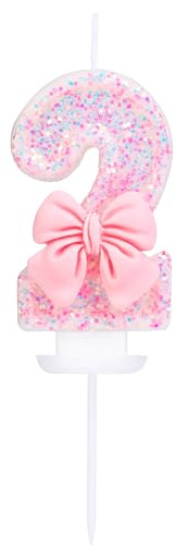 EAKE Geburtstagskerze Zahl 2 rosa Glitzer mit 3D Bowknot 2 Kerze Geburtstag Mädchen Frauen Pastell Süßes Thema 2. Geburtstag Hochzeit Jahrestag Party Kuchen Dekoration