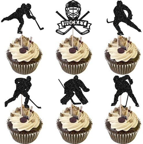 Xsstarmi 24 Packung Hockey Cupcake Toppers Glitzer Hockey Spieler Cupcake Picks Dekoration für Hockey Sports Geburtstag Party Kuchendekoration Schwarz