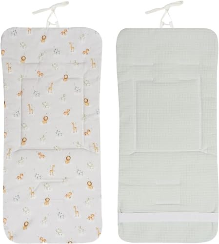Danielstore Colchoneta Silla Paseo Universal | 80x39cm, 100% algodón | Reversible, transpirable, adaptable, fácil de colocar | Comodidad y protección para bebé (Verde animales)