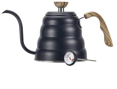 Bouilloire à col de cygne en acier inoxydable pour contrôle de la température, poignée en bois (noir, 1,2 l)