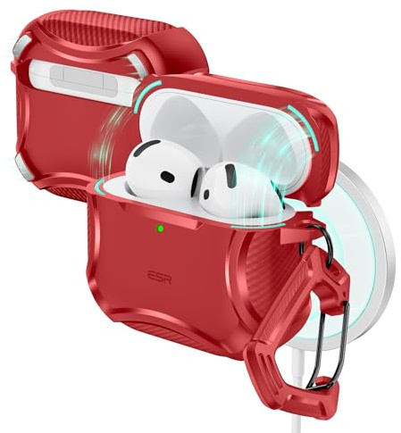 ESR Hülle für AirPods 4, Kabelloses Laden, Starker Sturzschutz, Rot | Kompatibel mit AirPods der 4. Generation (2024), mit magnetischer Abdeckung, Cyber Tough Serie