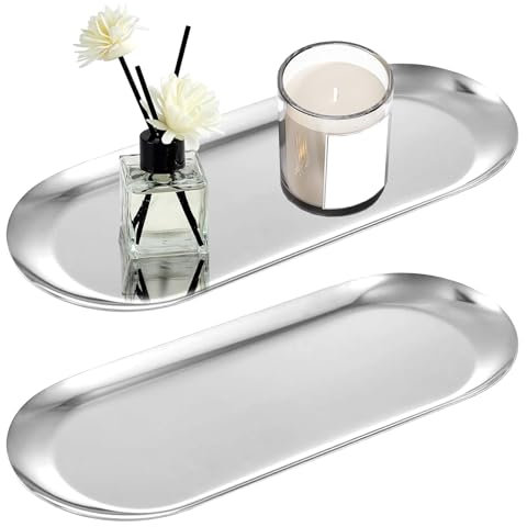 PIWOSGOL 2 Stück Silber Dekotablett, Deko Tablett Länglich, Kleines Tablett, Ablageschale, Edelstahl Spiegeltablett für Dessert Kosmetik Schmuck Kerzen