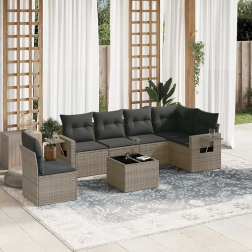 THOYTOUI 7-TLG. Garten-Sofagarnitur, Gartenlounge Set Gartengarnitur Set Gartenlounge Outdoor Sitzgruppe Outdoor Geeignet für Balkon Terrasse Garten Veranda mit Kissen Grau Poly Rattan