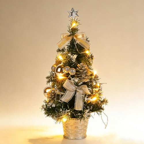 KUWUNG Kleiner Weihnachtsbaum Mit Beleuchtung, 40CM Mini Weihnachtsbaum mit LED Lichtern,Weihnachtskugeln und Ornamenten,Desktop Deko Künstlicher Weihnachtsbaum Klein mit LED Lichtern(Silber)