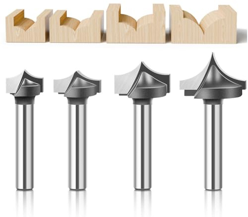 WSOOX 4PCS Point Cutting Round Over Bit Set with 1/4 Shank Carbide Router Bits for Woodworking Carving Cutting Diameter:1/2,5/8,3/4,7/8