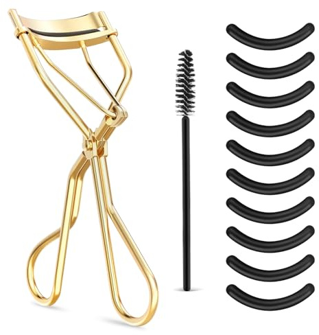 WLLHYF Eyelash Curler Kit, Beauty Eyelash Comb with 10 Black Silicone Refill Pads and 1 Mascara Brush Metal Eyelash Separator Universal Lash Curler Makeup Tool for Women and Girls (Gold Plating)