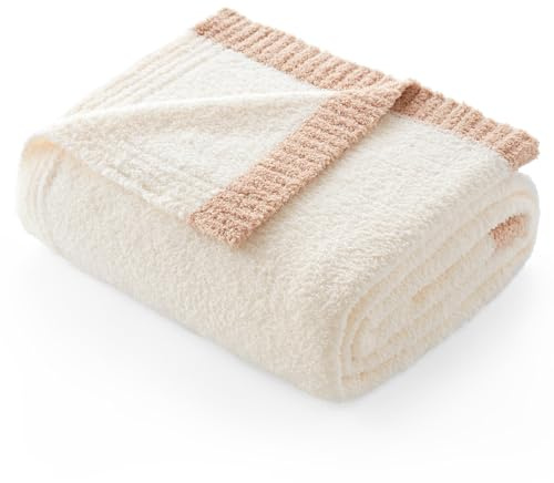Snuggle Sac Ultra Soft Throw Blanket for Couch Bed Sofa 50x60 inches, Reversible Cream Blanket Microfiber Fluffy Fuzzy Cozy Knit Throws for Women Mothers Birthday Gifts