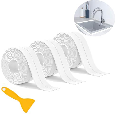 Self-Adhesive Waterproof Sealant Tape for Kitchen, Bathroom & More, 3 Rolls | White 11FT, Mold-Proof & Waterproof, Easy Install, Flexible for Corners, Caulk Strip for Bathtub, Sink, Toilet & Wall Corners