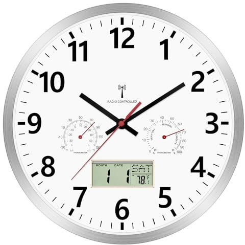 Foxtop Orologio da parete radio digitale analogico 30 cm con display LCD – Orologio radio digitale con regolazione automatica dell'ora, temperatura, data e giorno della settimana, silenzioso, orologio