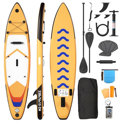 Devoko Stand Up Paddling Board, Aufblasbares SUP Board 330 * 76 * 15cm, 2-in-1 Stand Up Paddle mit Kajaksitz & Zubehör, Bis 160kg, Ideal zum Surfen, Angeln, Yoga, Orange