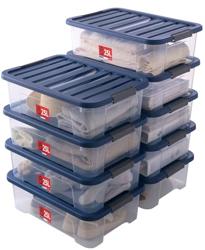 Sundis Wave Box, 9 cajas almacenaje con tapa, 25L, apilables | Plastico transparente, clips de cierre, ideales para guardar cosas debajo de la cama, el vestidor, el despacho o el lavadero