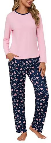 Litherday Pigiama Donna Cotone Lungo Pigiami Due Pezzi da Donna Invernale Maglietta Manica Lunga Collo Rotondo Pantaloni con Stampa a Cuore