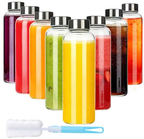 Jazb Glass Juice Bottles with Lids18 oz, Reusable Glass Water Bottles with Leakproof Cap for Juicing, Juice Glass Bottle Set of 8